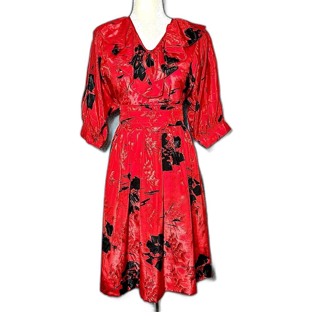 Vintage 80s Handmade Red Floral Ruffle Dress with Belt